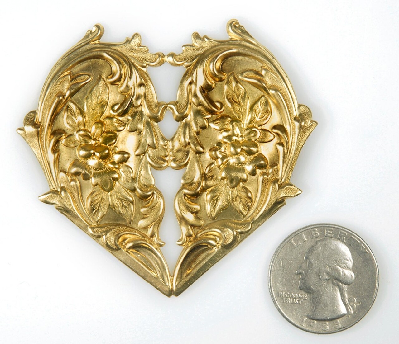 Raw Brass Large Floral Filigree Victorian Heart Pendant - B-P02